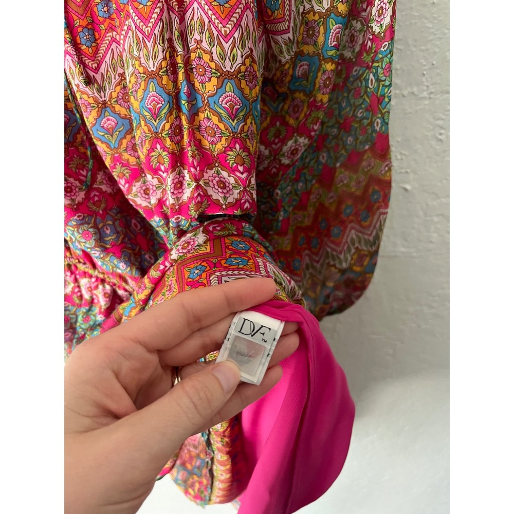 Diane von Furstenberg 100% Silk Pink Geometric Floral Print Peasant Dress 10 - Picture 7 of 9